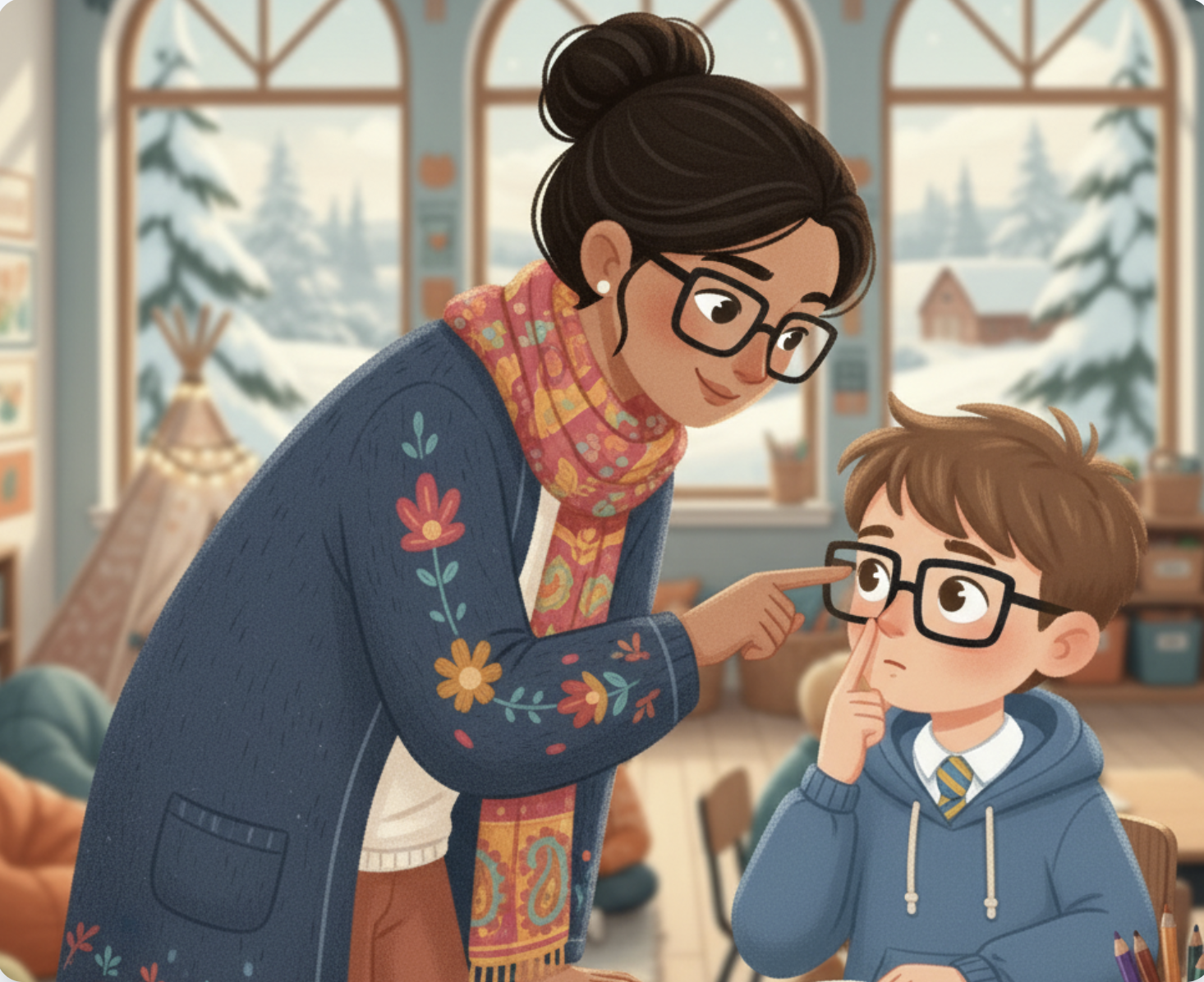 Illustrated Story Bridge scene of a counselor supporting a student