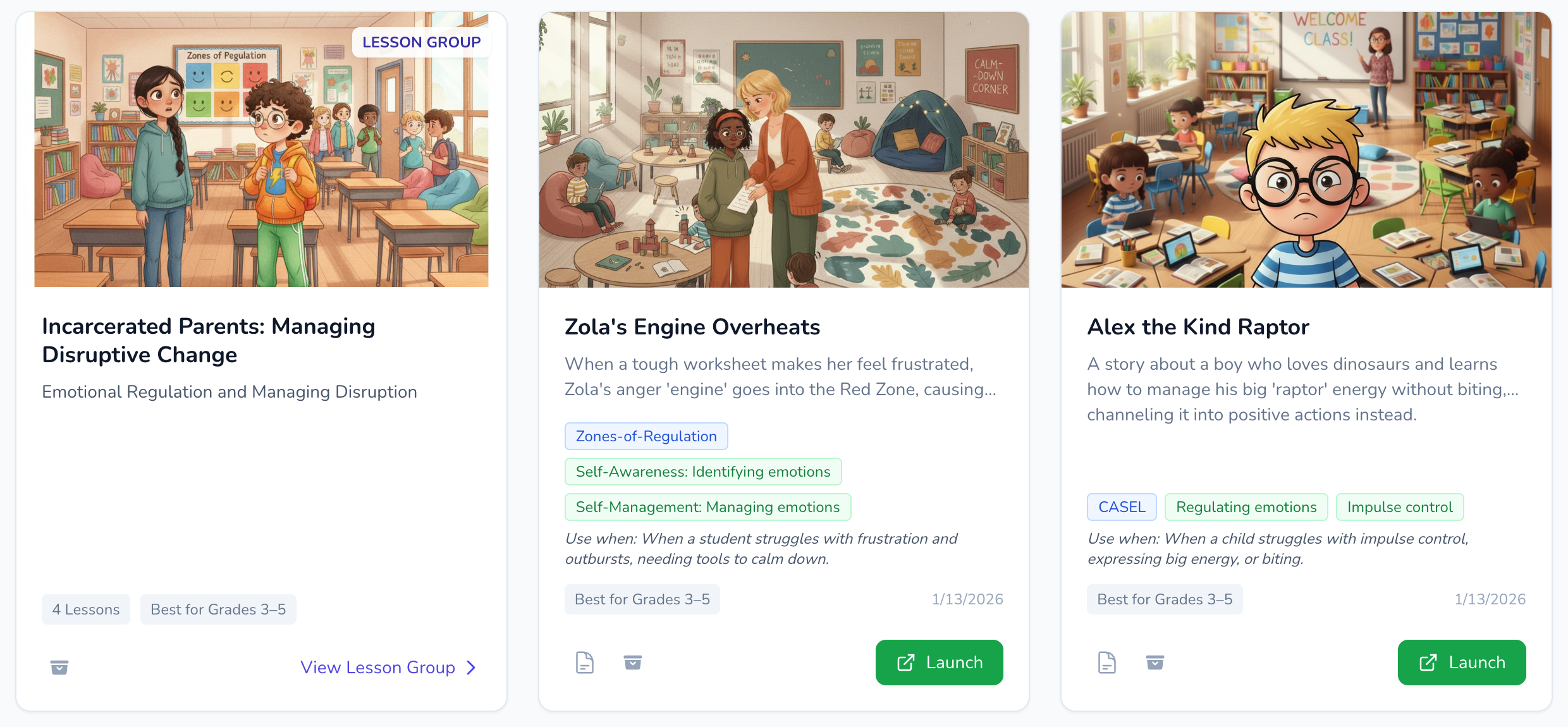 Story Bridge app interface showing story cards for 'Incarcerated Parents: Managing Disruptive Change', 'Zola's Engine Overheats', and 'Alex the Kind Raptor', with framework tags, grade levels, and launch buttons