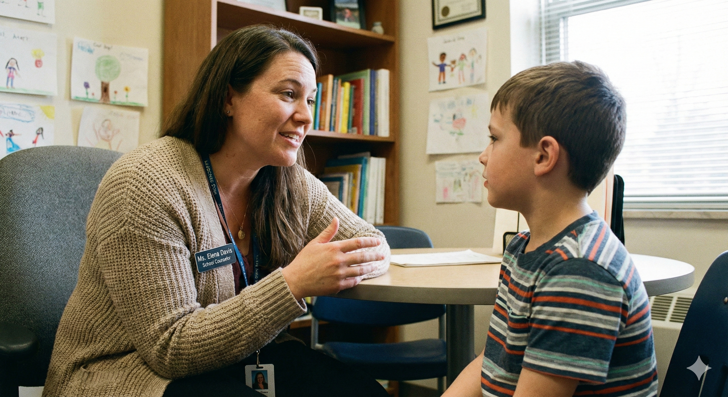 School counselor speaking with a student at a desk in an office setting