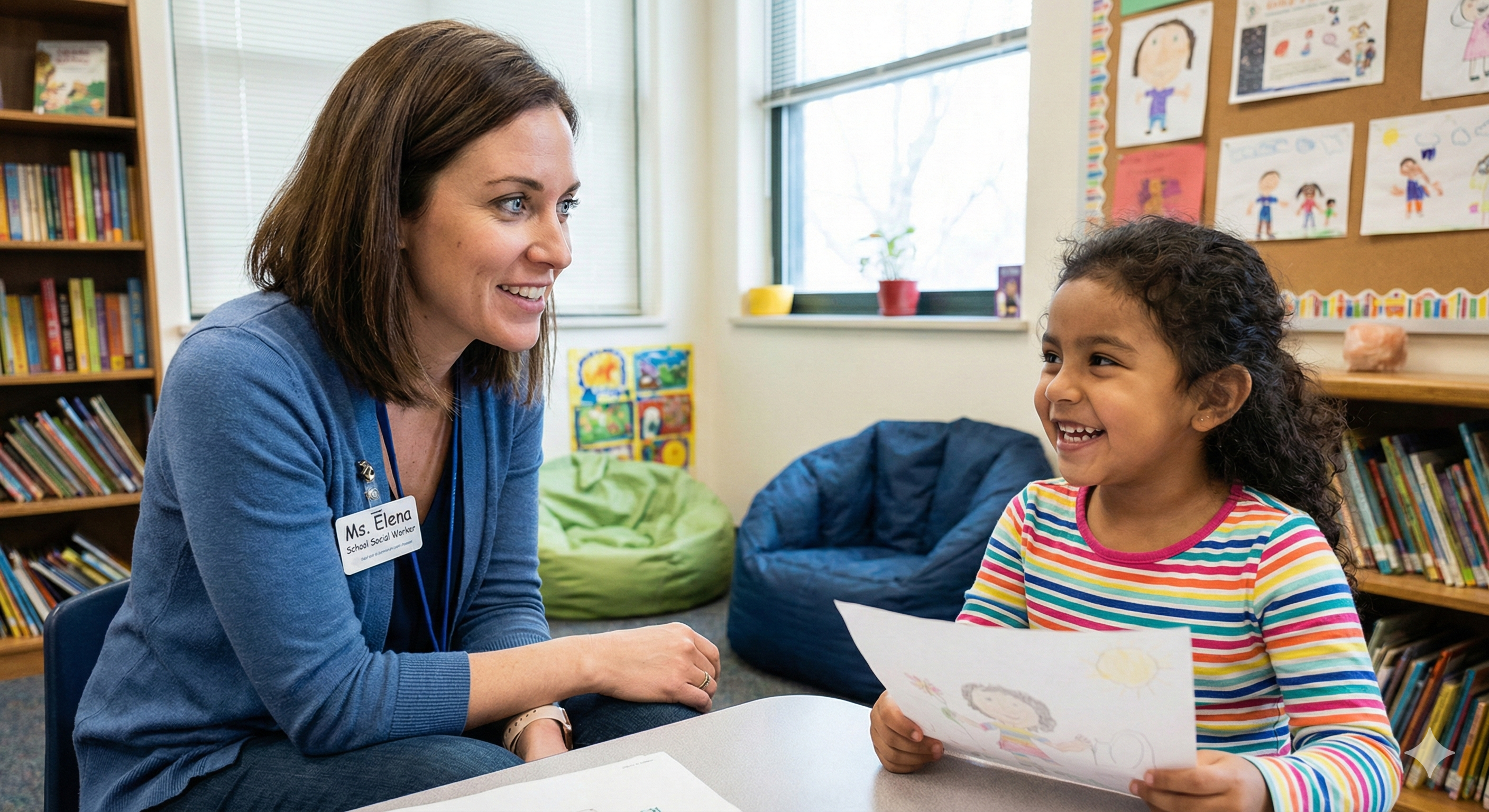 School counselor working with a young student in a library setting