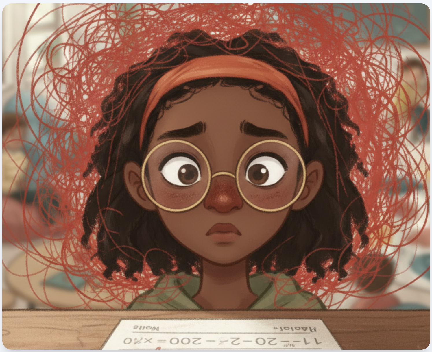 Illustration of a young Black girl with glasses looking overwhelmed at her school desk, with red scribbles around her head representing frustration with math homework