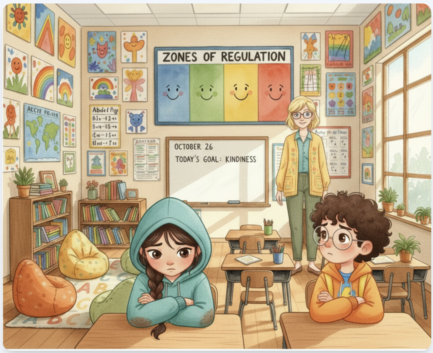 Classroom scene showing a girl in a hoodie with arms crossed and a boy looking nervous, with a Zones of Regulation poster on the wall and Today's Goal: Kindness on the whiteboard
