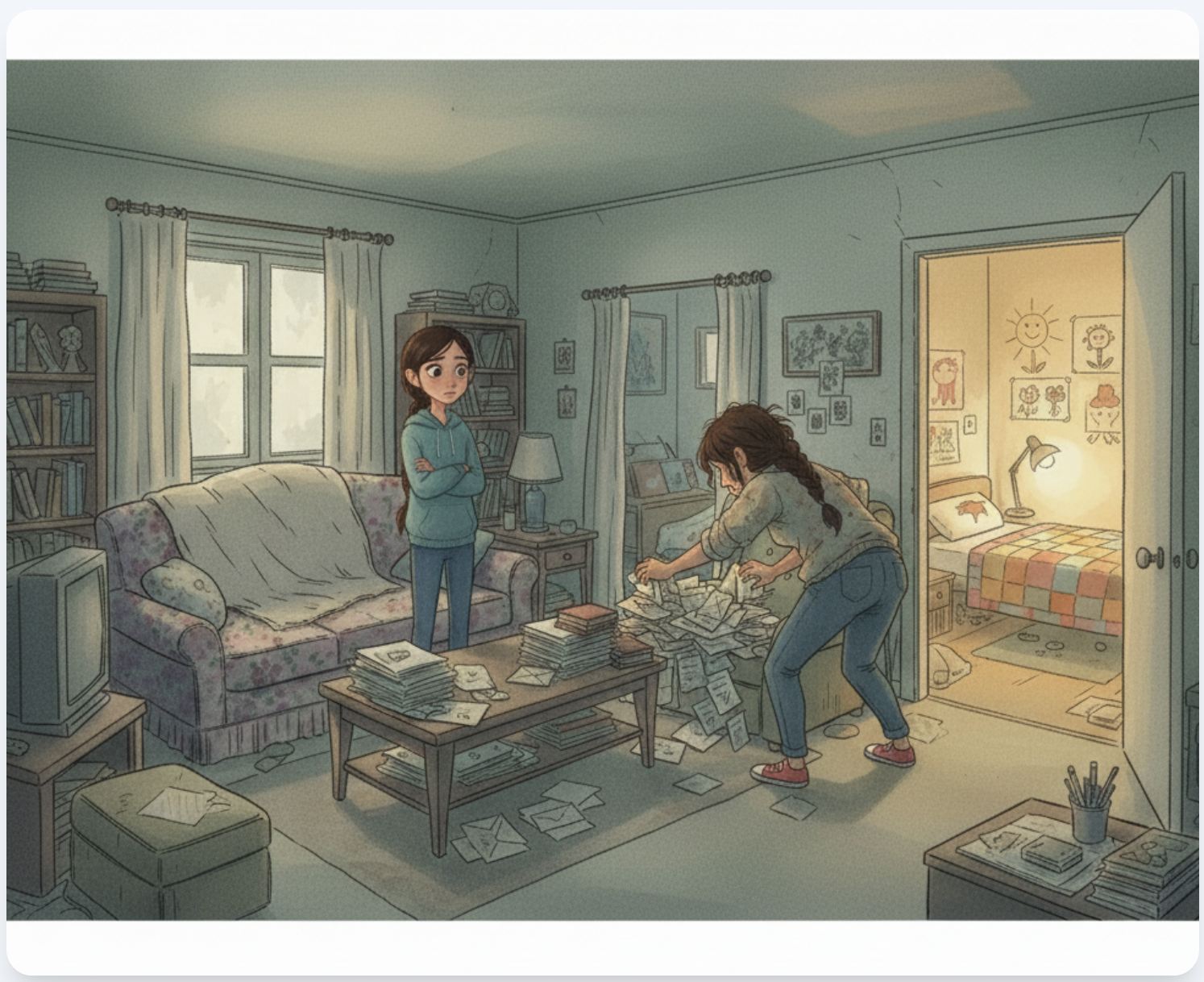 Home scene illustration showing a child watching a caregiver frantically going through papers in a living room, depicting household stress